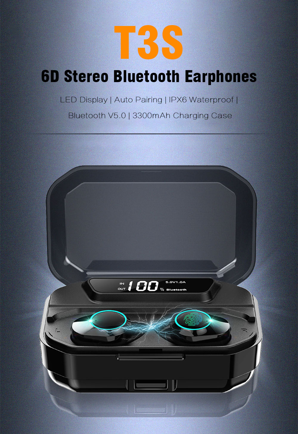 T3S 6D Stereo Bluetooth Earphones Digital Display Waterproof Noise Reduction for Android / iOS