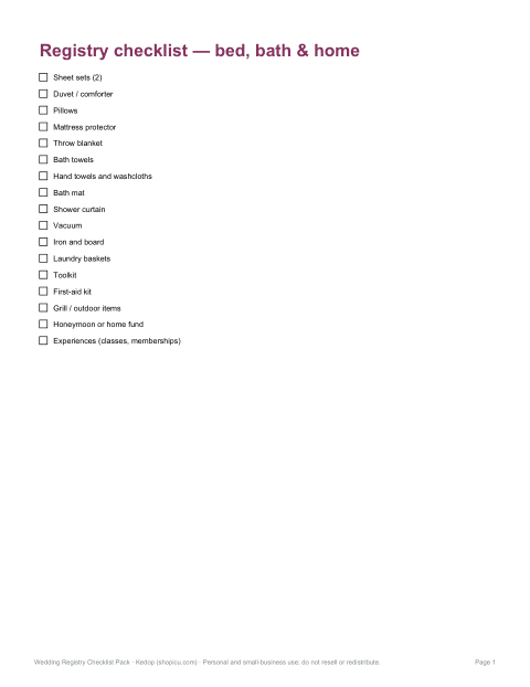 Preview of the first page of Bed, bath & home checklist