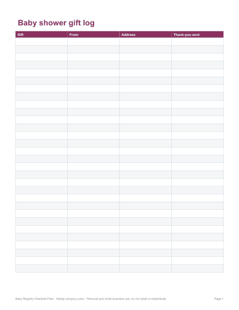 Preview of the first page of Shower gift log (PDF/DOCX/XLSX)